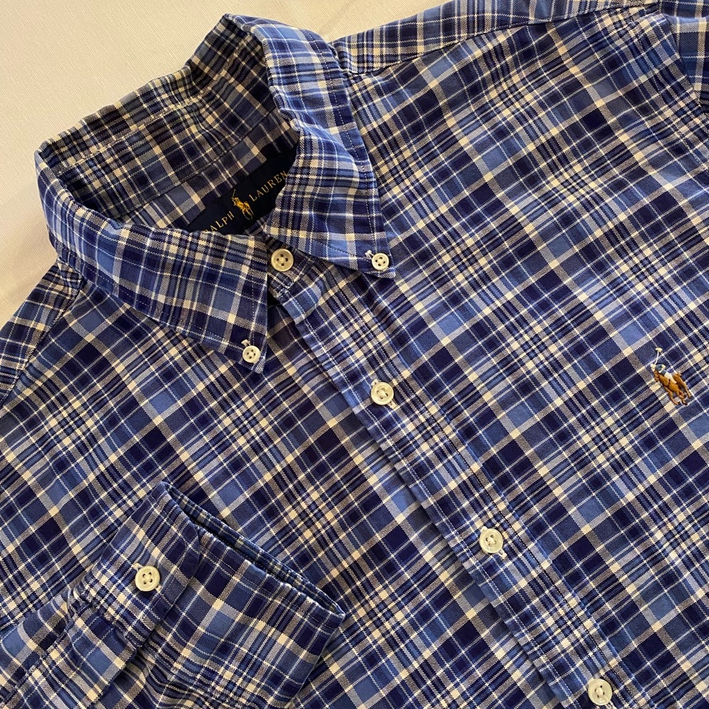 Ralph Lauren Men’s Blue White Plaid Cotton Long Sleeve Button Down Shirt Size L